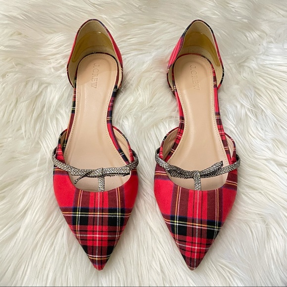 J crew Sloan d’orsay plaid flats glitter bow holiday fall pointed toe 9.5 red